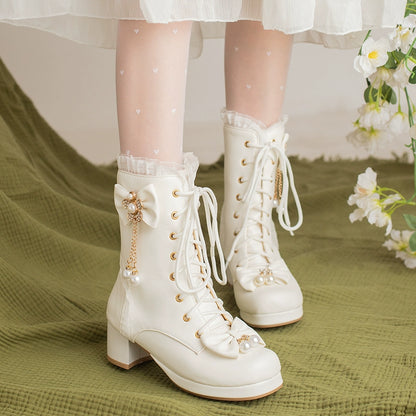 30-43 Lolita Bow & Pearl Embellished Knee-High Boots