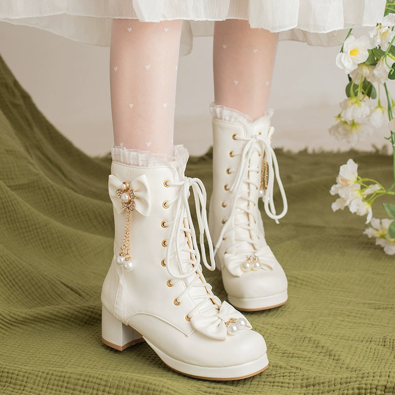 30-43 Lolita Bow & Pearl Embellished Knee-High Boots