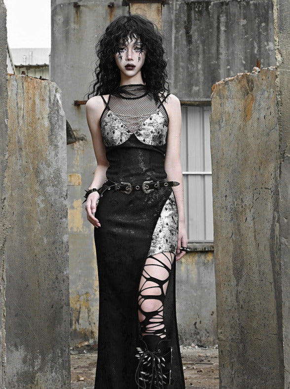 シースルーメッシュシルバーブラックスーツパンクパーカードレススリット