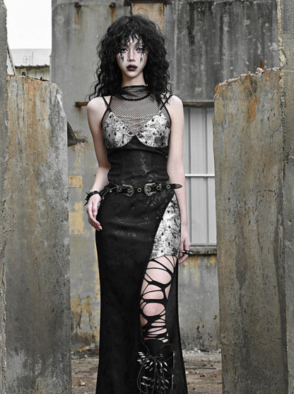シースルーメッシュシルバーブラックスーツパンクパーカードレススリット