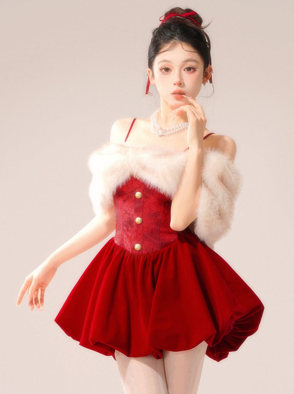 Camisole Balloon Princess Fur Off-the-shoulder Dress