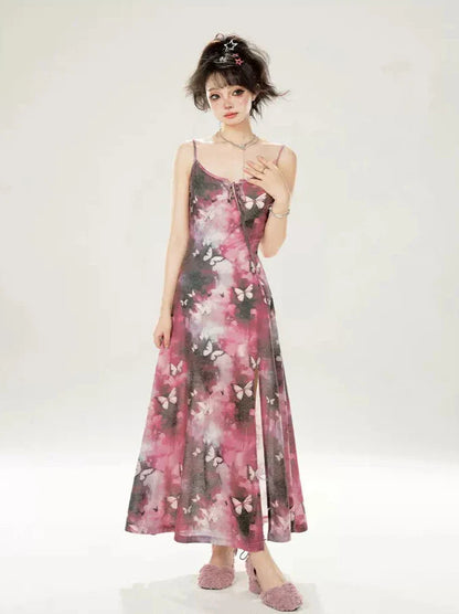 サスペンダードレス バタフライスリット ピンクグレー