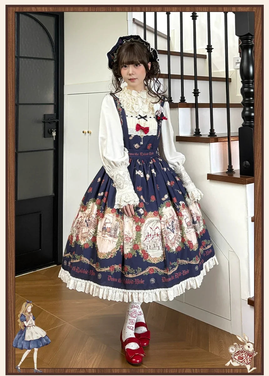 Navy JSK dress styled with a separate long-sleeve blouse and matching bonnet