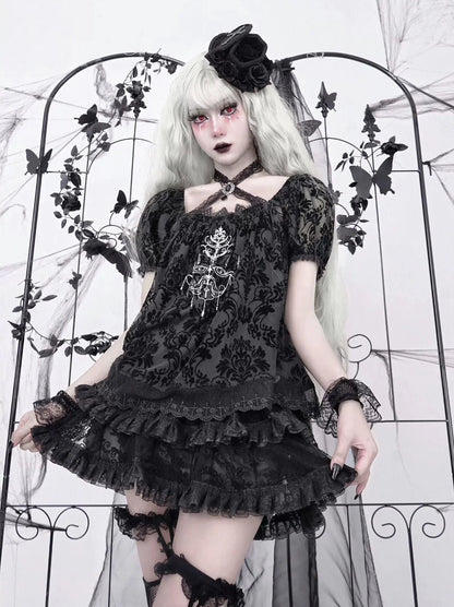 Dunkle Ärmel Puff Top Gothic Stickerei Spitze