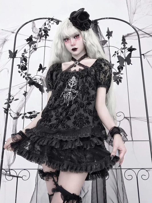 Dunkle Ärmel Puff Top Gothic Stickerei Spitze