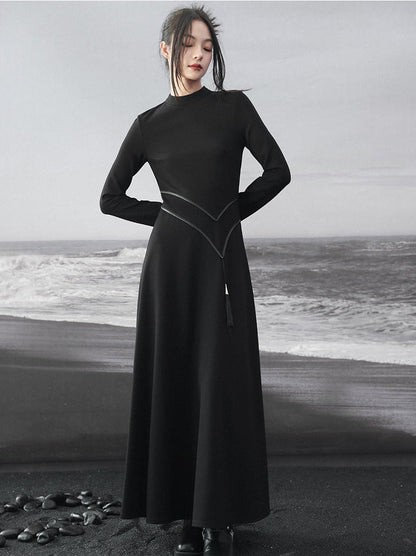 Retro Knit Leather Dress Asymmetrical China Tassel