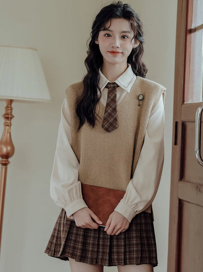 Vest College Skirt Colored Checked Knit Retro Shirt