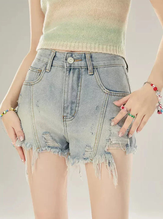 ダメージフリンジローカットデニムショートパンツ