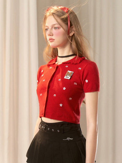 Kurzer amerikanischer Cardigan mit Blumenmuster und Kragen