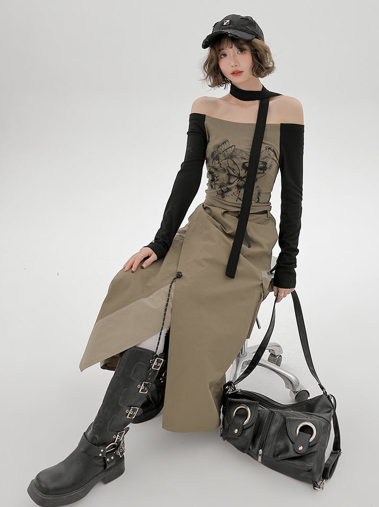 Top Slim One-Line Schal Off-the-Shoulder Print Schmetterling