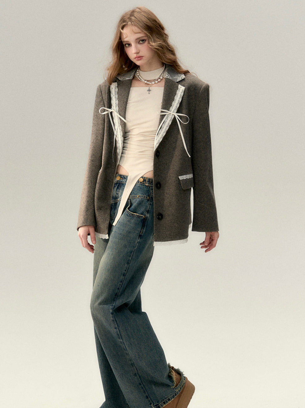 Splice Ribbon Wool Lace Jacket Suit