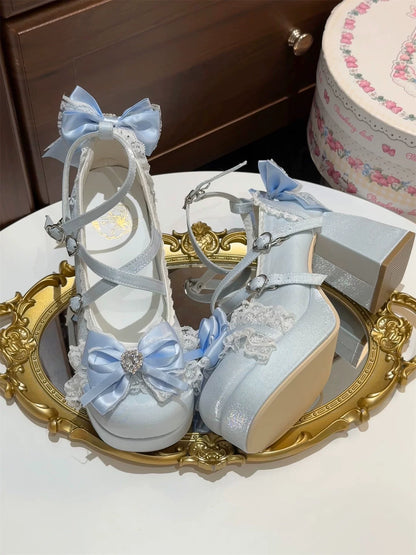 Light Blue Ballet Sweetheart shoes with heart buckle crossover straps