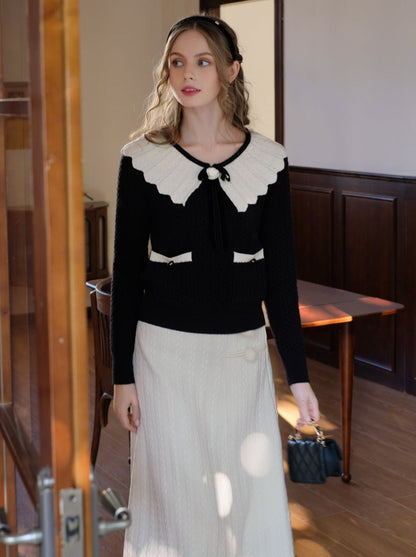 セーターブロックウェブリボンレトロラペルフレンチカラーカーディガン