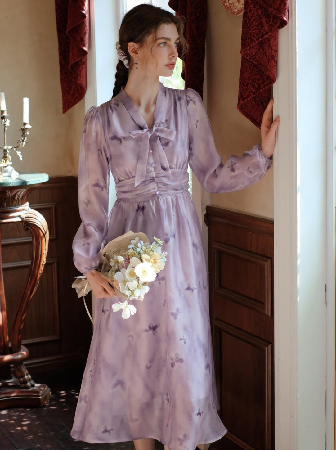 プリントドレス シフォン ブルーム フレンチ バタフライ