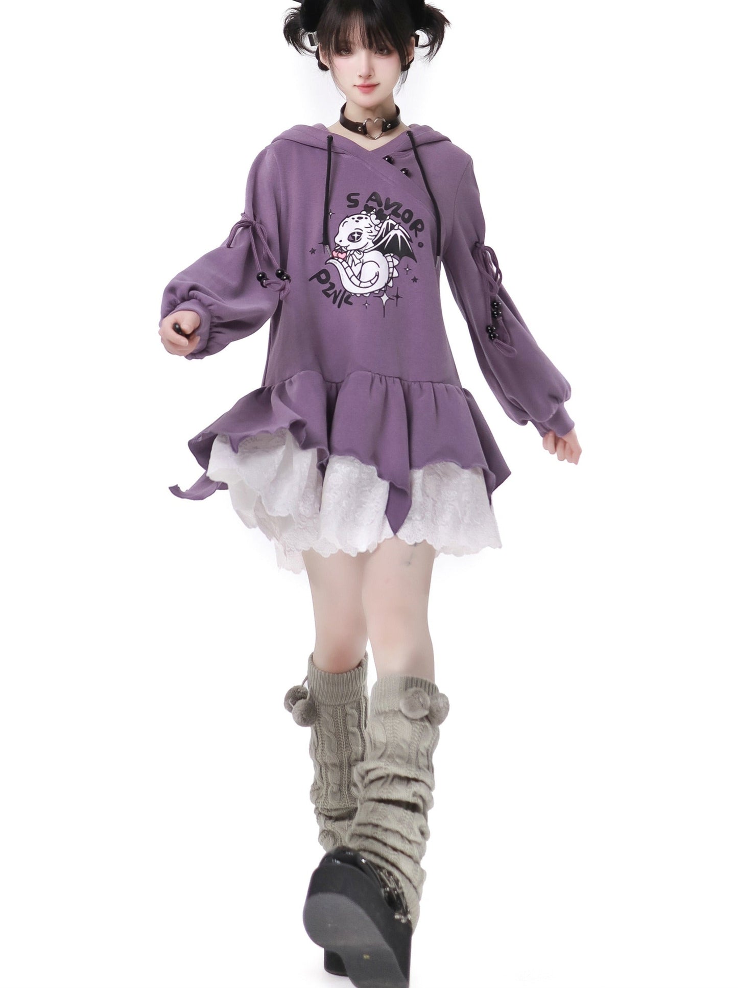 Purple Air Dragon Embroy Dary Plash Jacket + Hood Print Sweat Dress