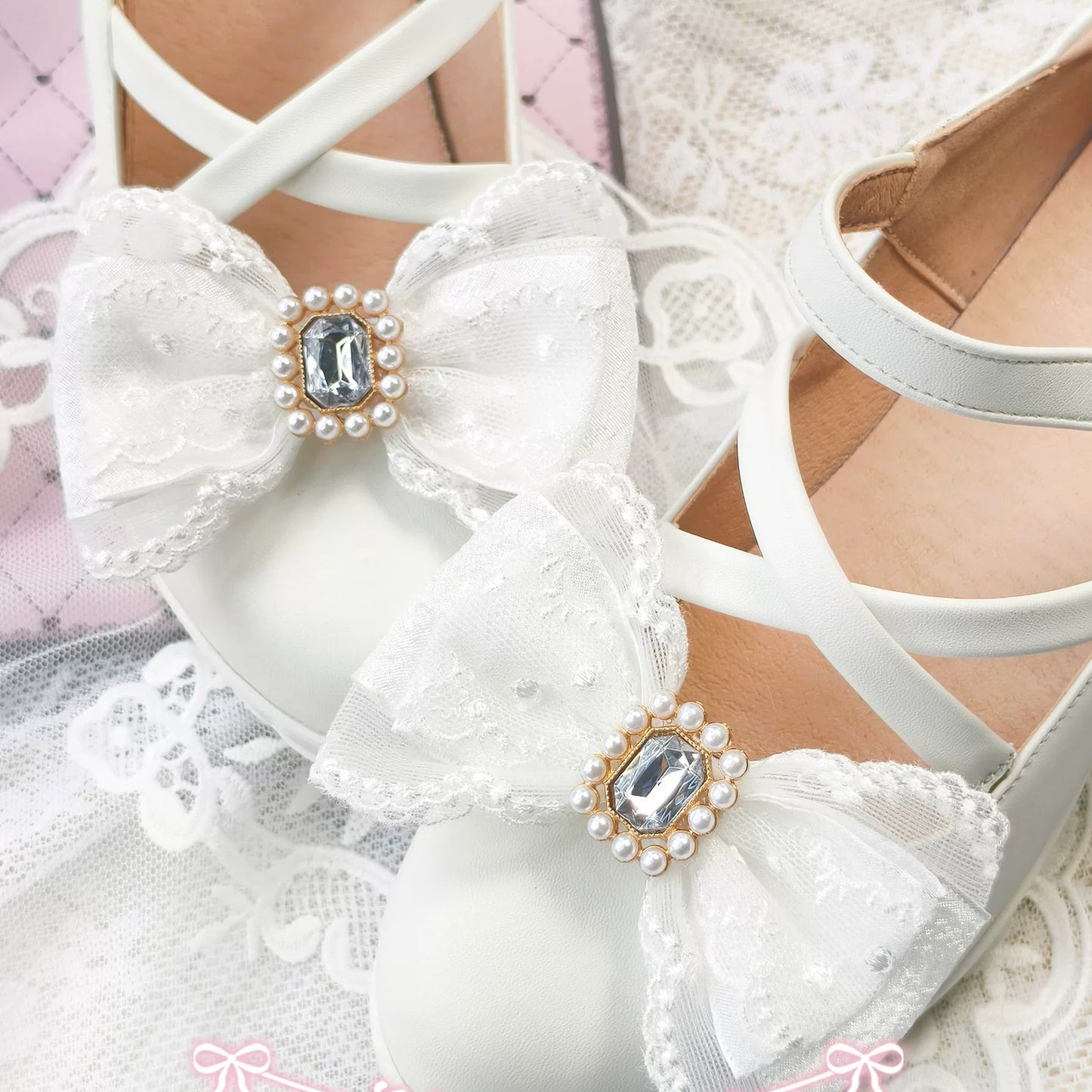 Handmade Heart Bow Shoe Clips with Lace & Pearl - Lolita Accessories