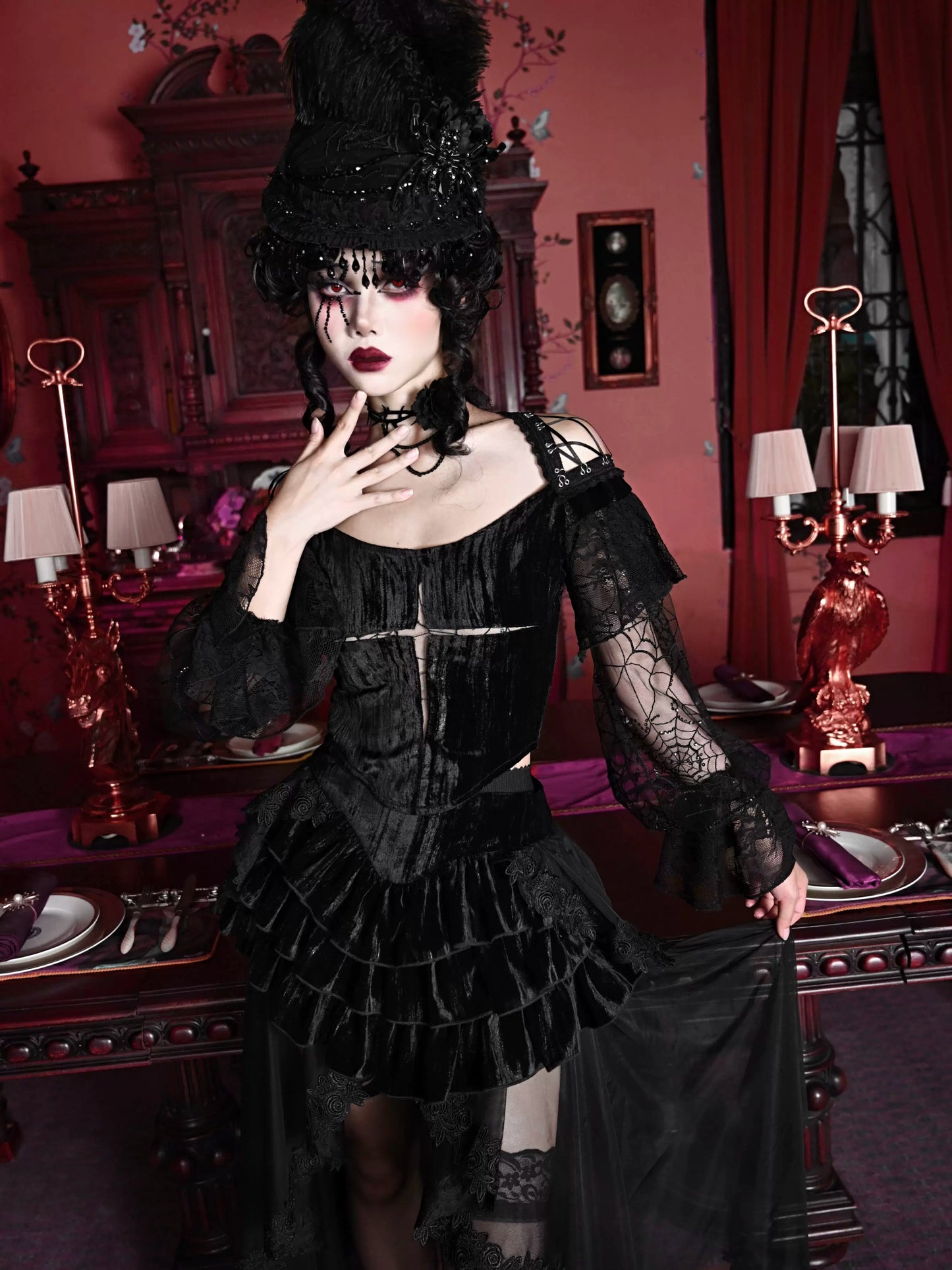 Spider Sleeve Gothic Lantern Top Velvet Lace Cross