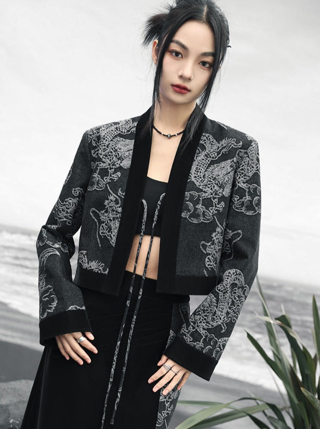 Taillenspleißen Retro High Loose Top Zweireihiger Drachen-Jacquard