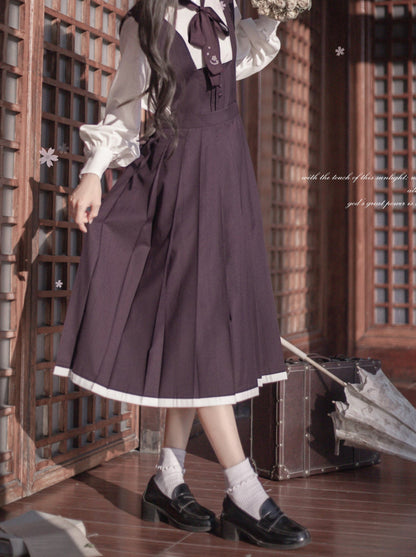 襟付きコサージュドレス レトロシャツベストカーディガン スタンドニット フリルスリーブ + 日本製リボン