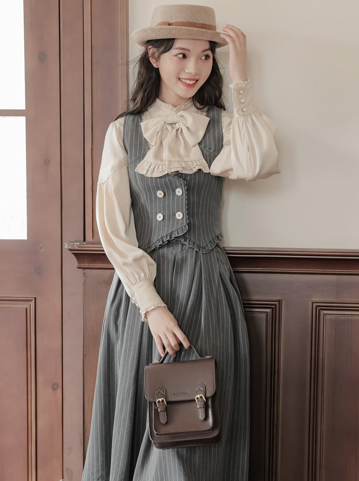 フリル+ブラウス ストライプカラー+スカート フレアレトロベスト ダーク