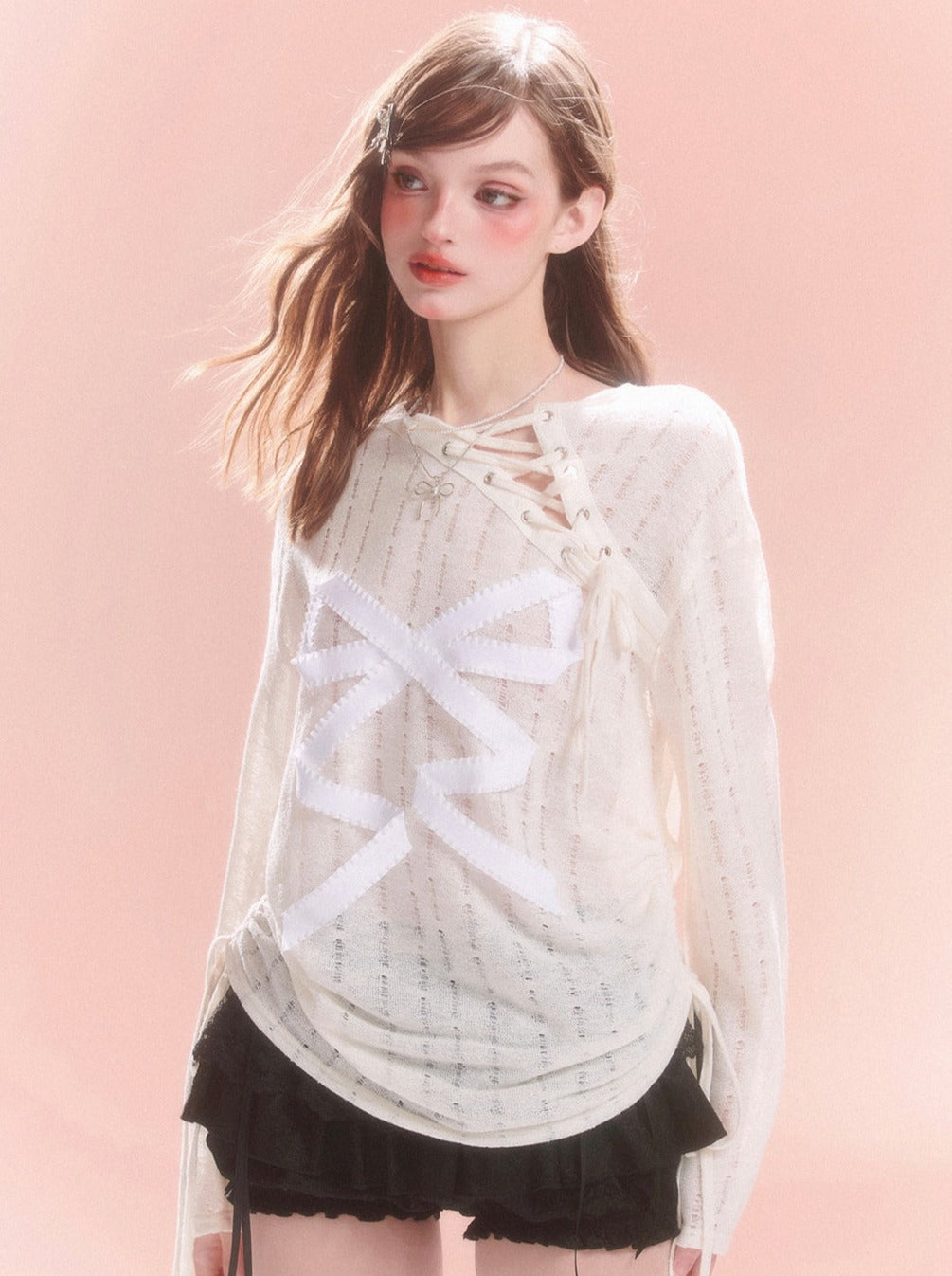Sheer Lace-up Design Ribbon Top Asymmetrical