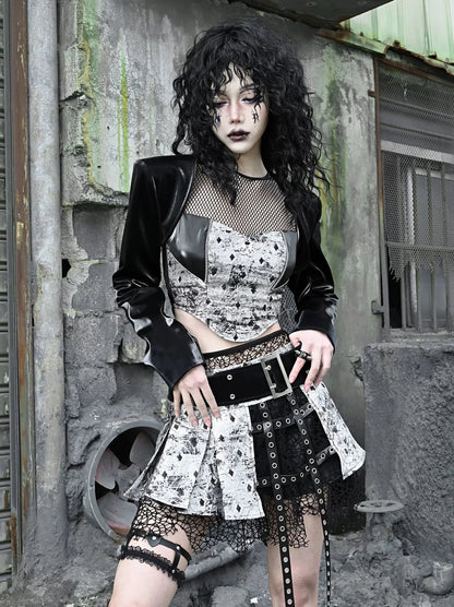 Two Top Mesh Piece Punk PU Liquid Suit Dark Slim