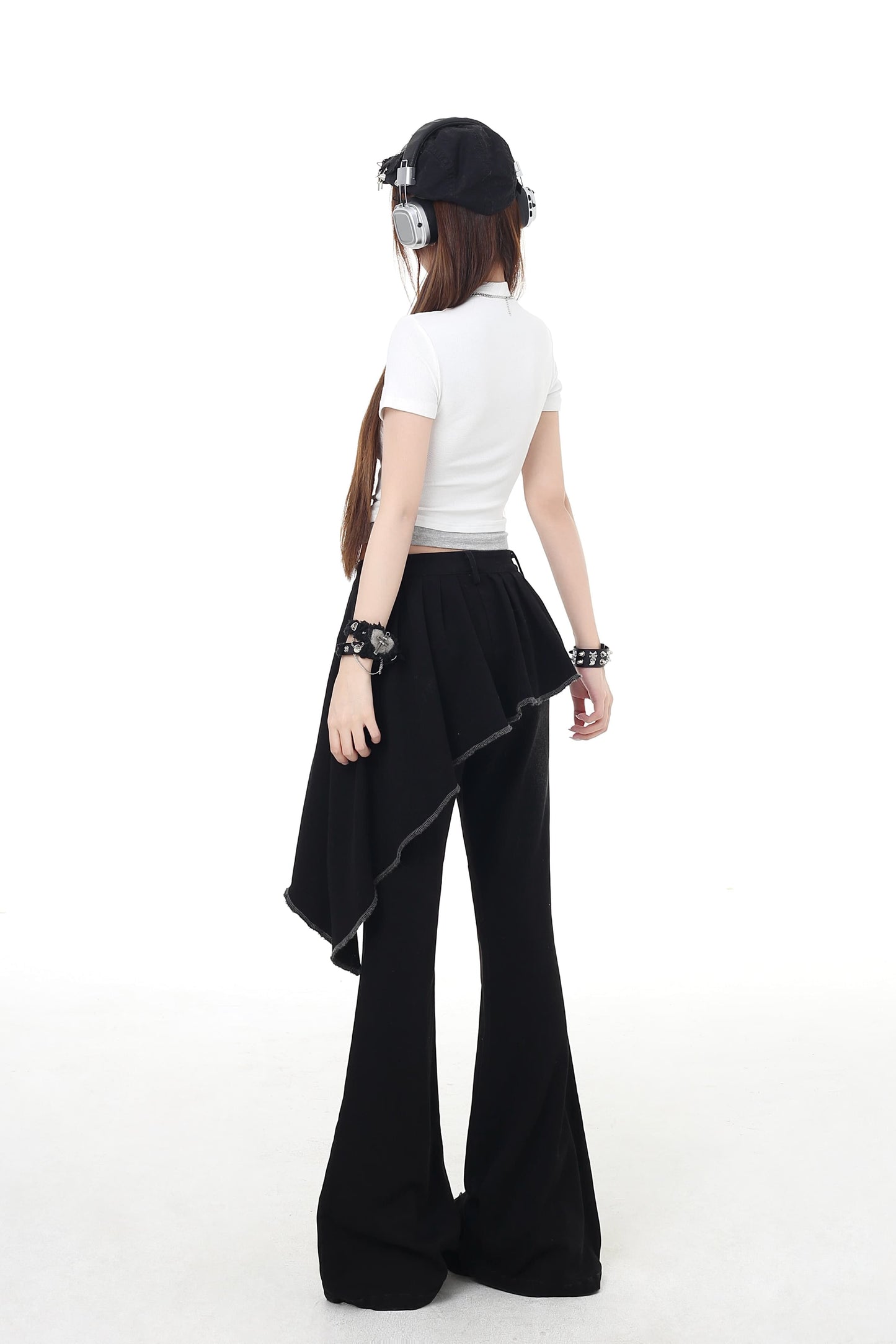 パンツ スリム レースアップ フレア ロング