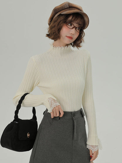Knit Lace Turtleneck Half Splicing Top
