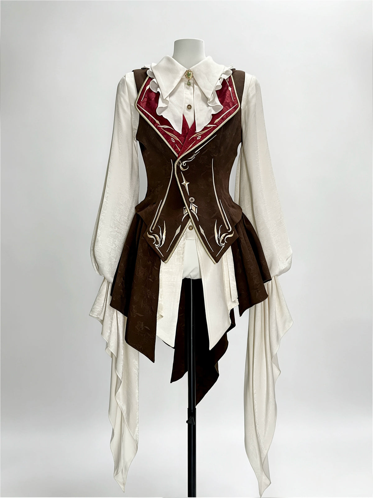 Burgundy vest over flowing ivory shirt — ZERO The Fool collection
