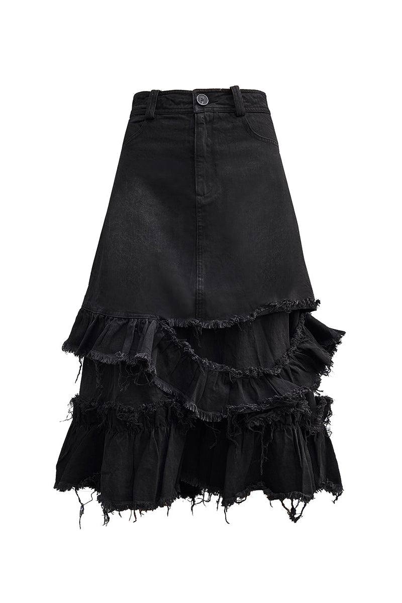 切りっぱなしミディデニムスカート