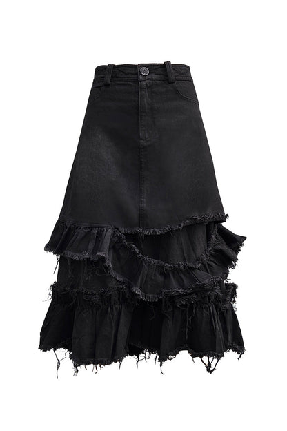 切りっぱなしミディデニムスカート