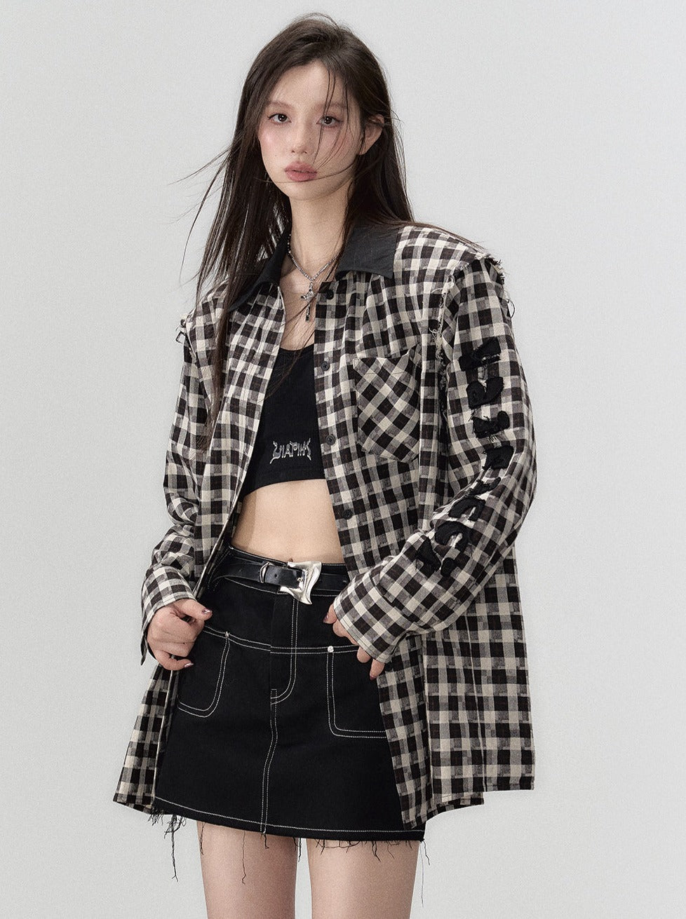 Check Shoulder Loose Silhouette Shirt