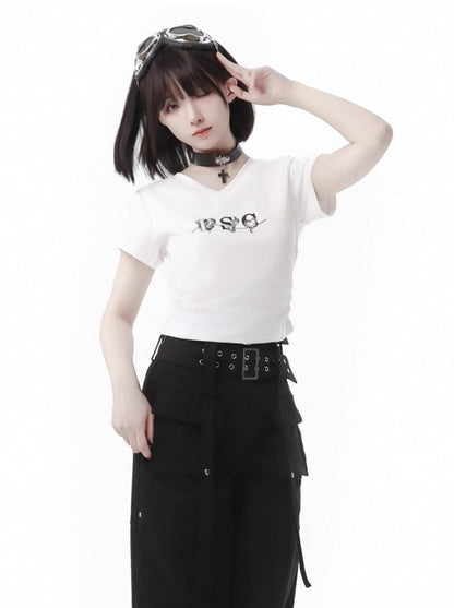 White Waist T-Shirt V-Neck Gray Slim