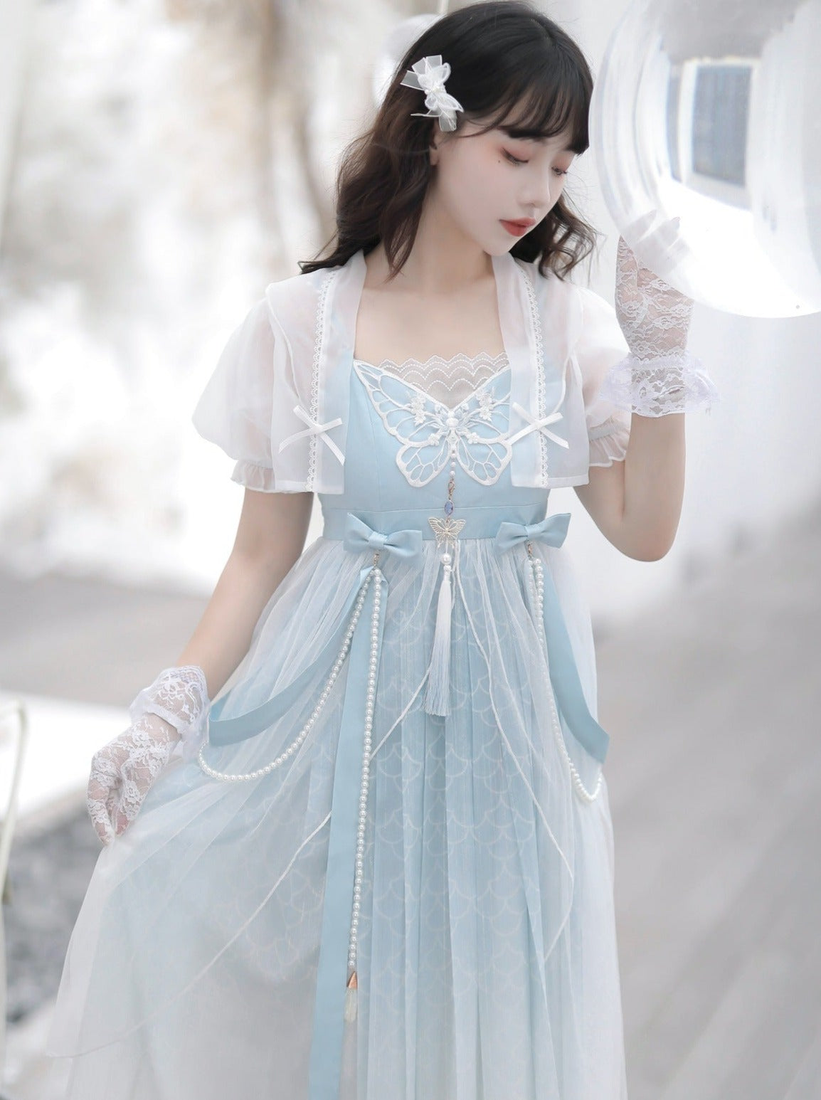 Blaues, durchsichtiges Sommerkleid mit Schalkragen + Lolita-Chinesisch
