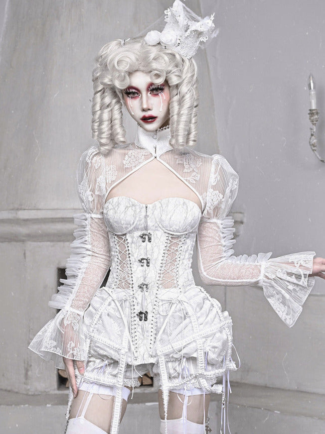 Schlafender Stand Gothic Kragen Chiffon Jacke Puff Weiß Kurz Alice Sheer Ärmel