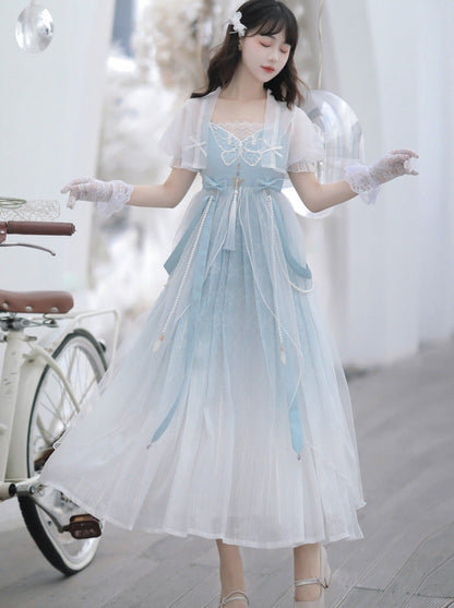 Blaues, durchsichtiges Sommerkleid mit Schalkragen + Lolita-Chinesisch