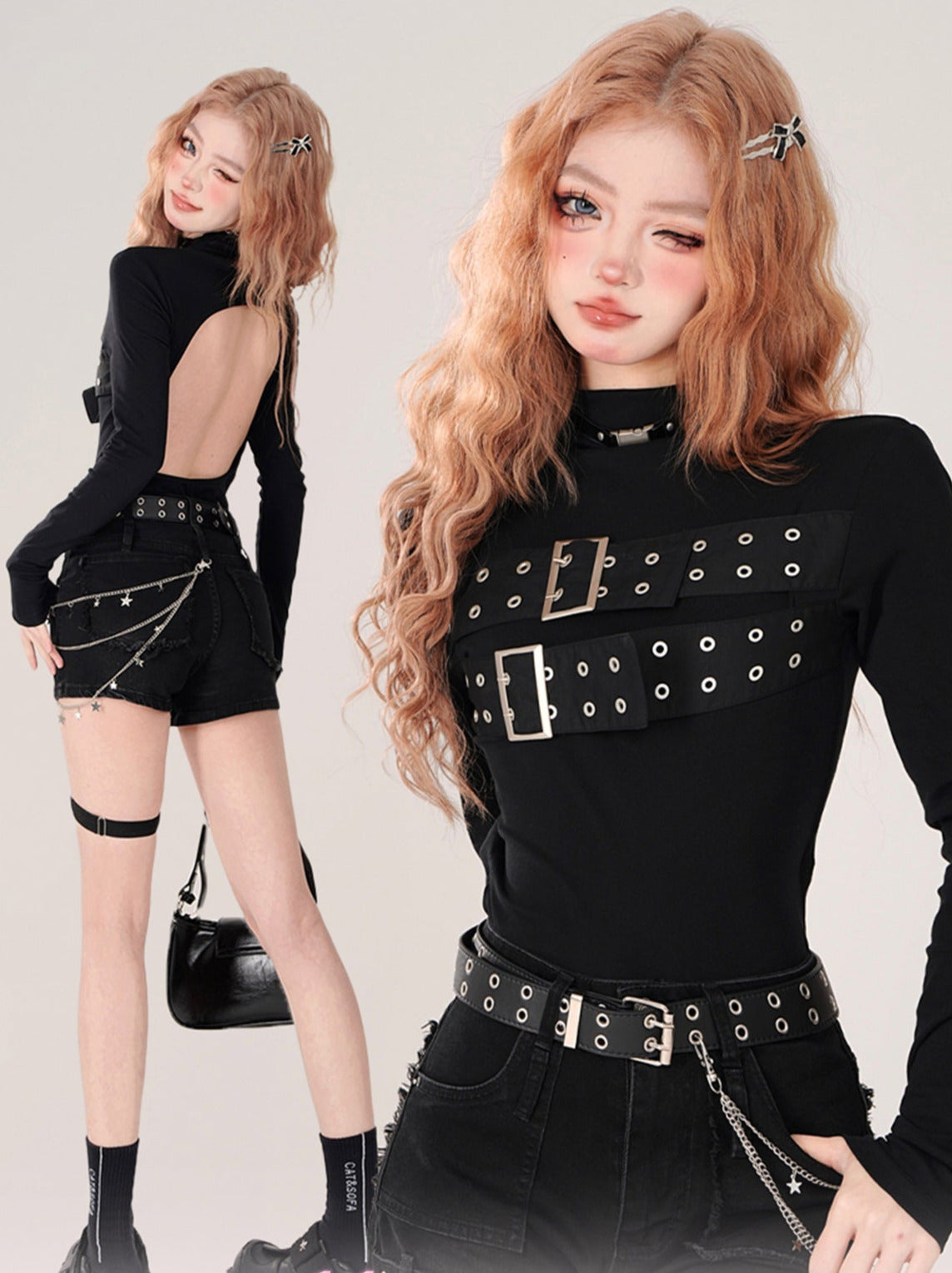 Neck High Open Black Top Style Punk Back