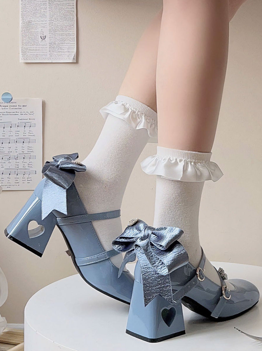 High Ribbon Heart Heel Shoes Ribbon Open Lolita Jewel