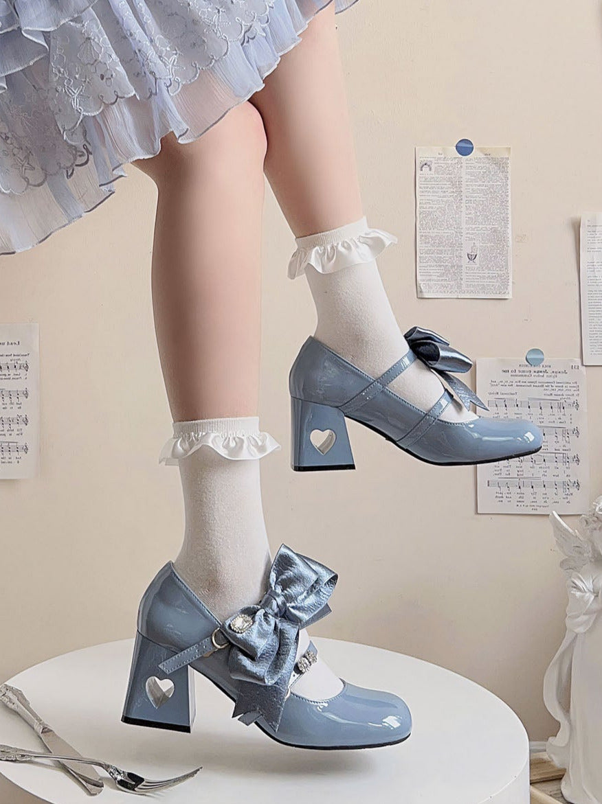 High Ribbon Heart Heel Shoes Ribbon Open Lolita Jewel