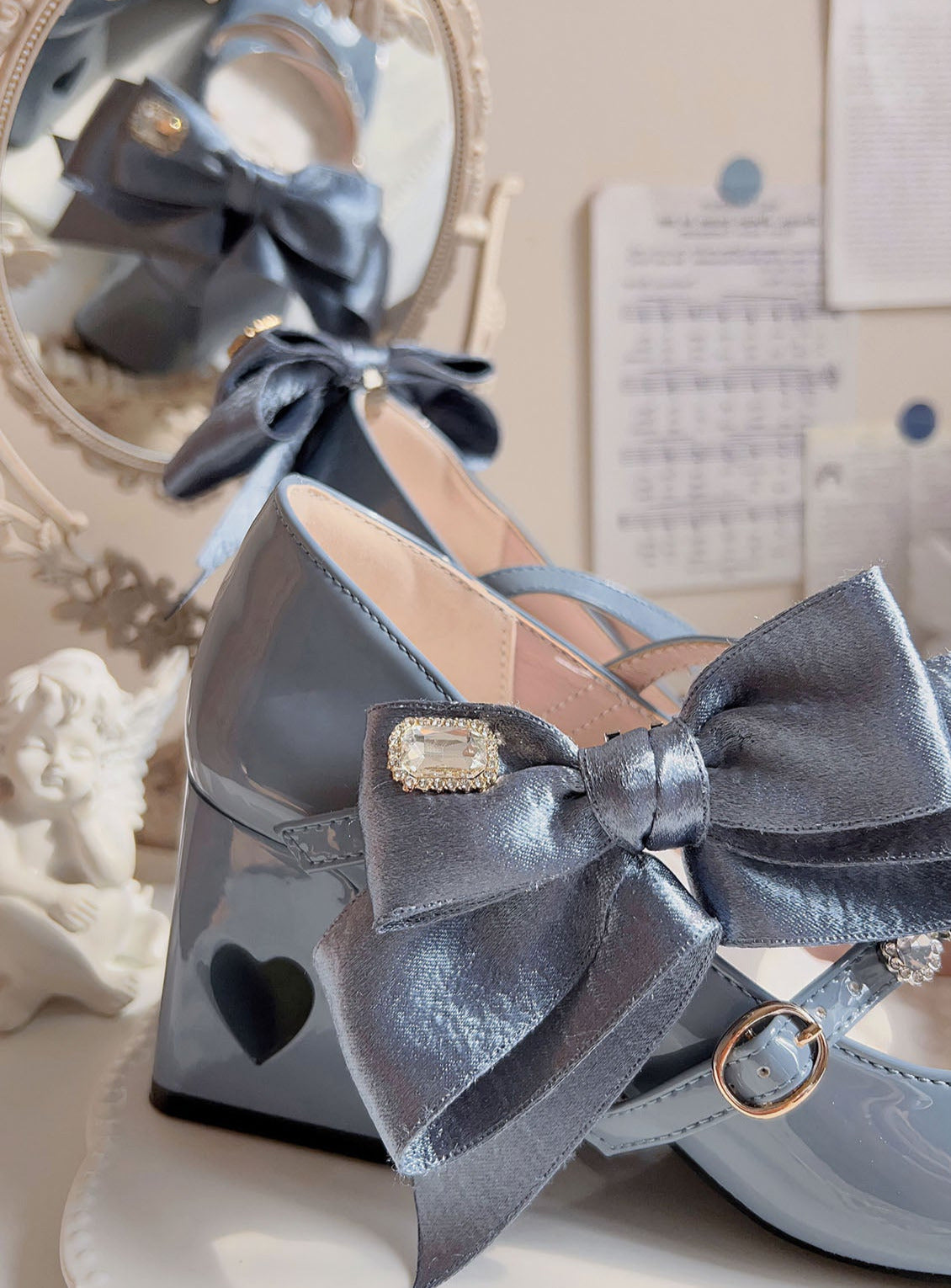 High Ribbon Heart Heel Shoes Ribbon Open Lolita Jewel