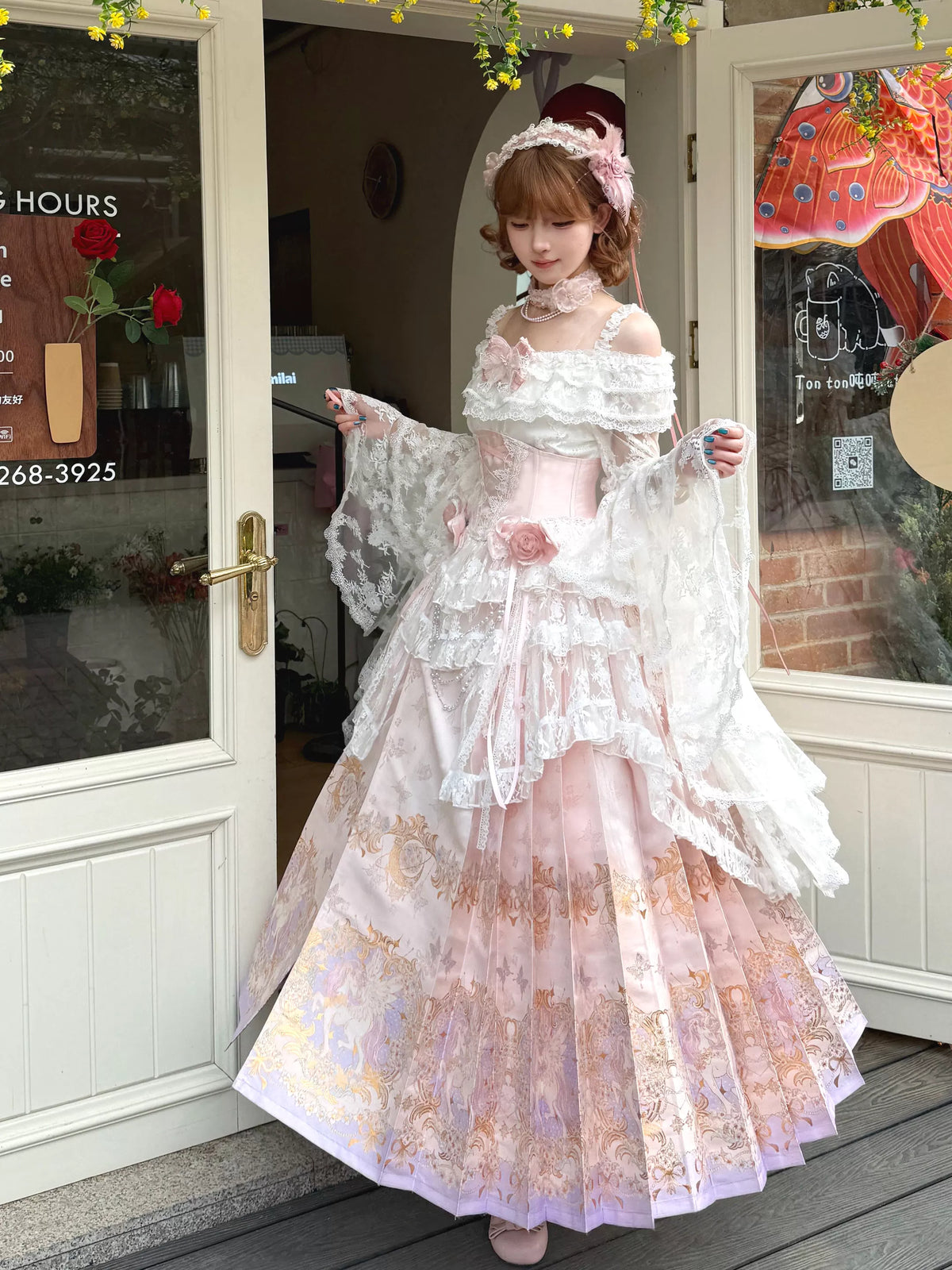 Molly Manor Lolita look with pink corset and wide lace sleeves