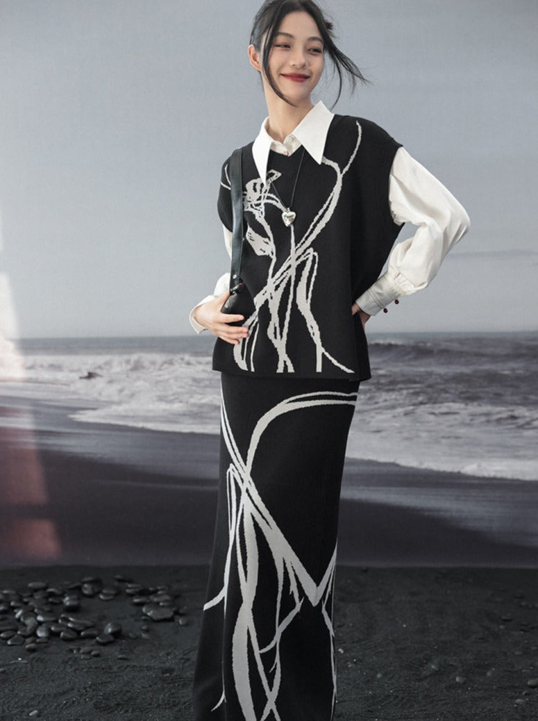 Knit Vest Flower Loose Contrast