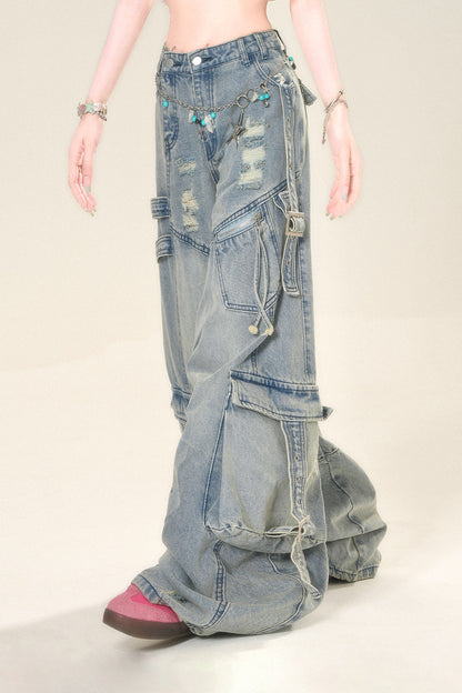 ストリートハイワイドリップデニムパンツ