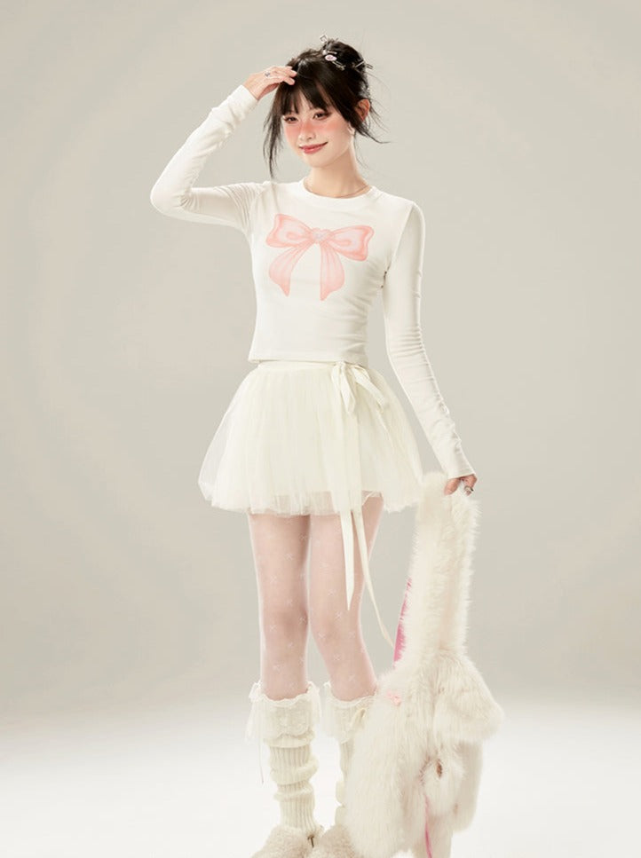 トップス ピンクのリボン スイートショート