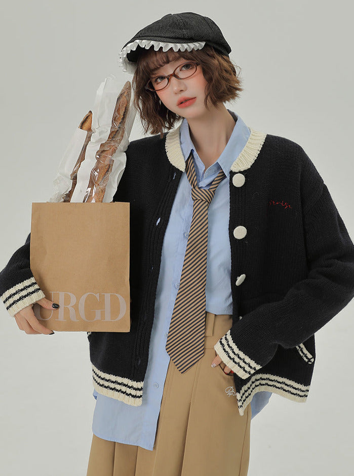 レイジーニットカーディガンカラーカレッジルーズスタンドスタイル