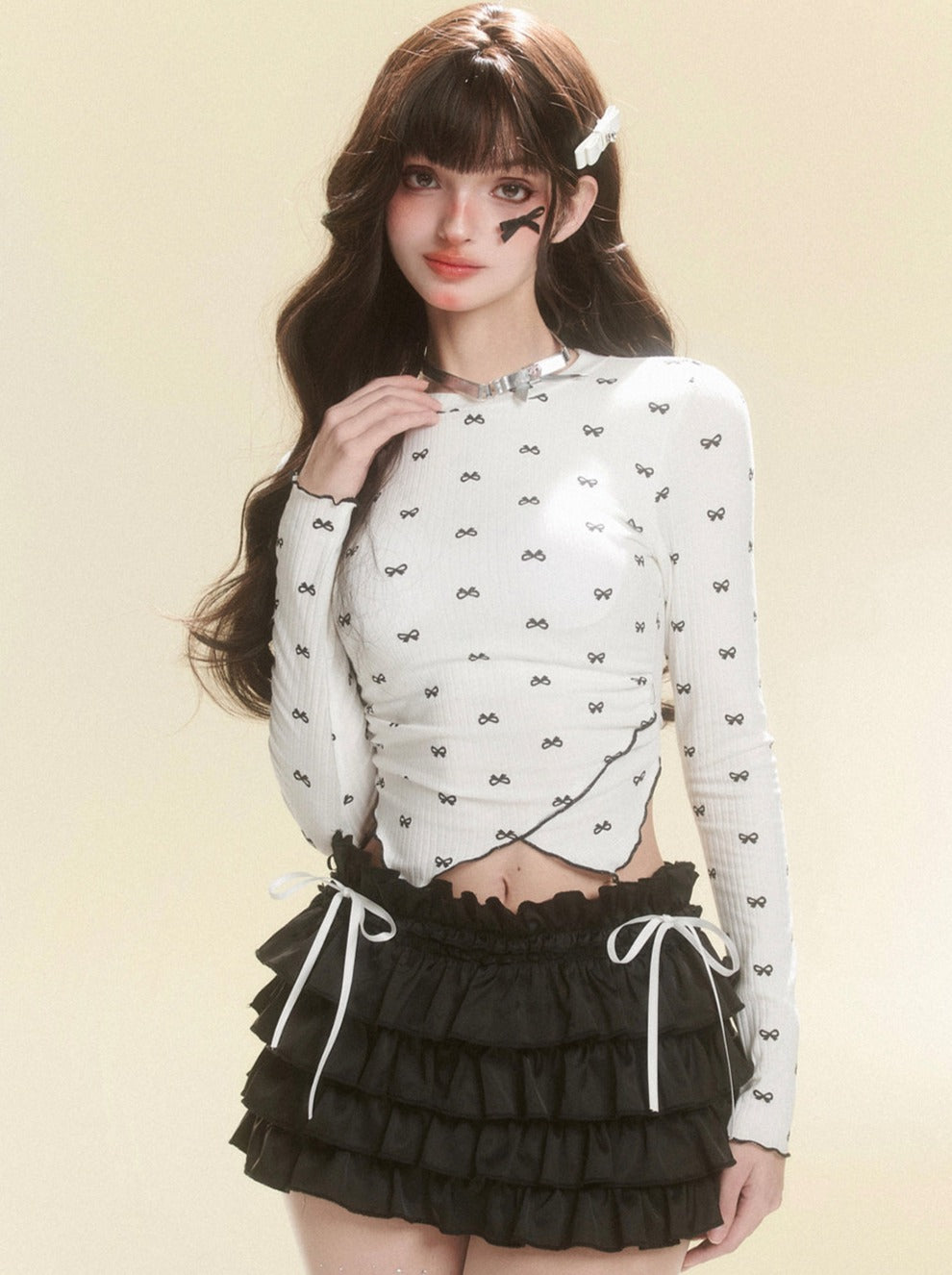 レースアップリボンスリムバッグトップ