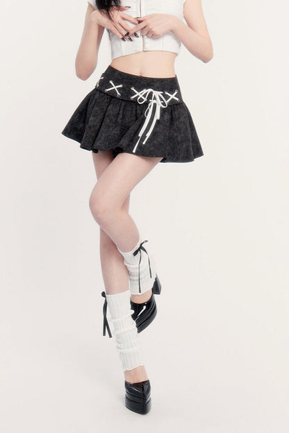 ウエストレースシャツスカートハイスリムフレアアップ+