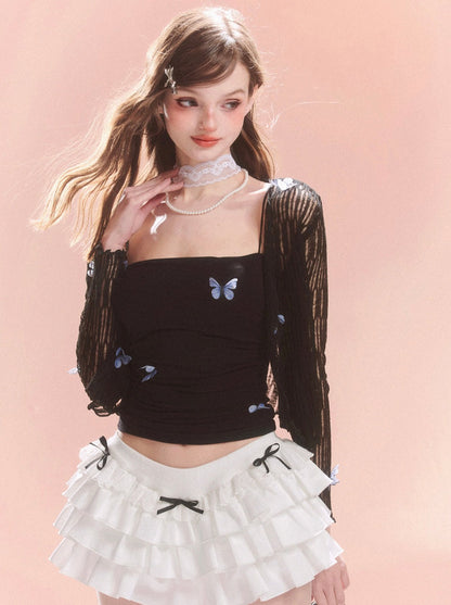 サマー + ブルーカーディガン シアーフラワーキャミソール