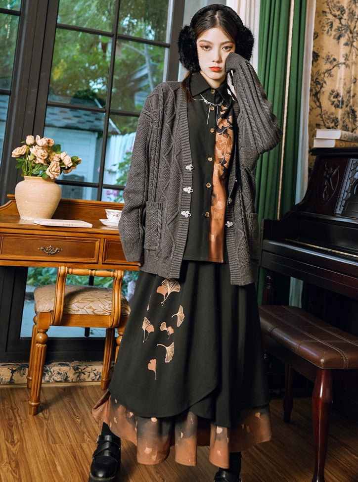 シャツプリントクラシックチャイナレトロリーフデザインコレクションスカートエレガント