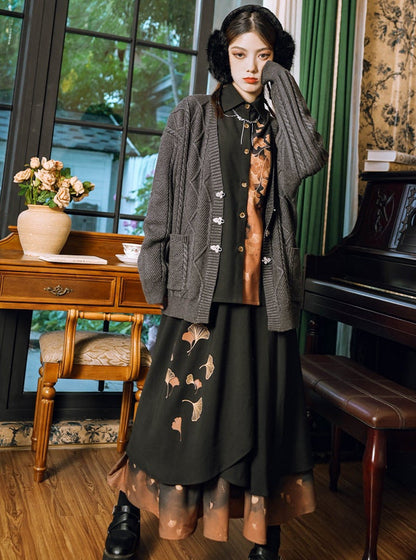 シャツプリントクラシックチャイナレトロリーフデザインコレクションスカートエレガント